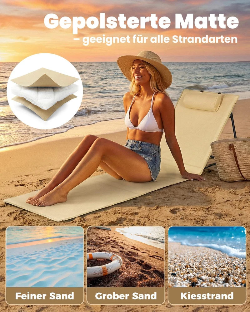 Strandmatte klappbar mit Rückenlehne und Kissen – tragbare Strandliege mit Schultergurten, gepolstert, beige