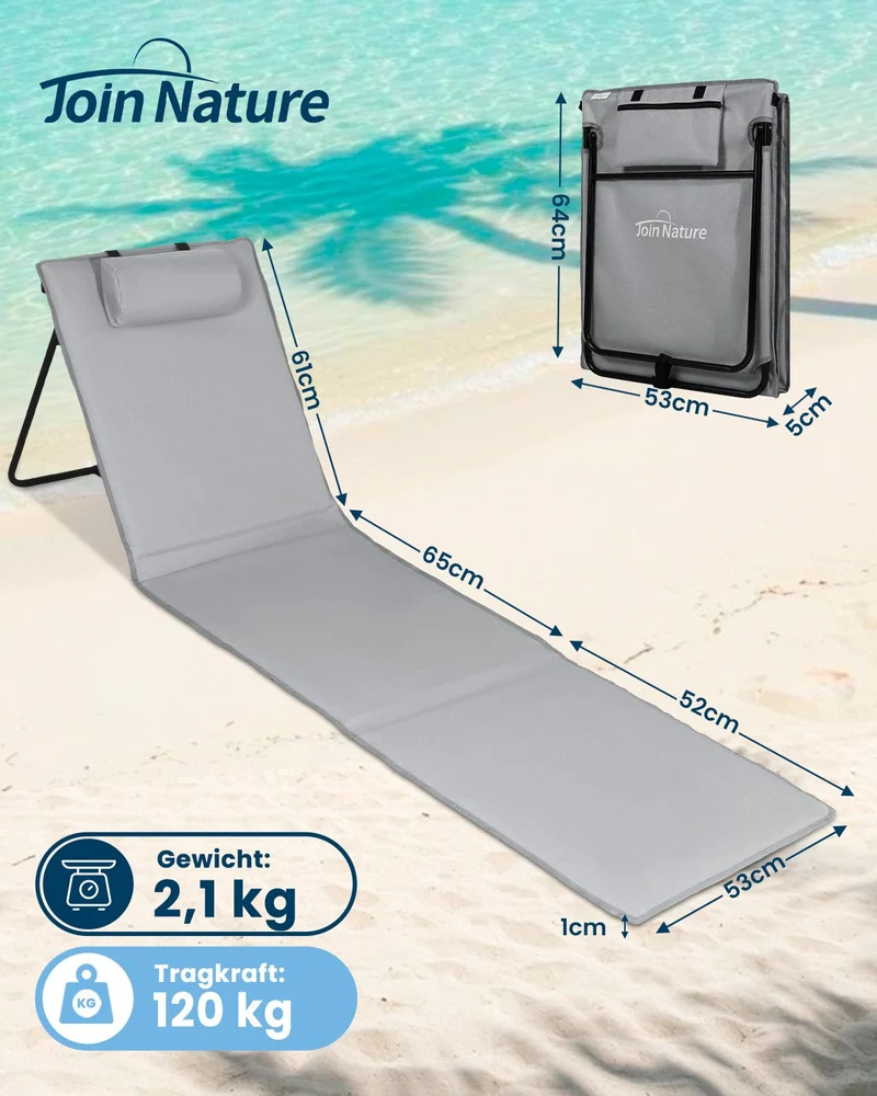 Strandmatte klappbar mit Rückenlehne und Kissen – tragbare Strandliege mit Schultergurten, gepolstert, grau