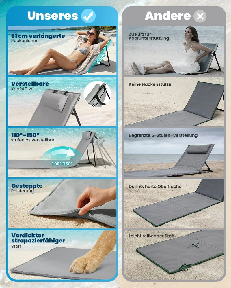 Strandmatte klappbar mit Rückenlehne und Kissen – tragbare Strandliege mit Schultergurten, gepolstert, grau