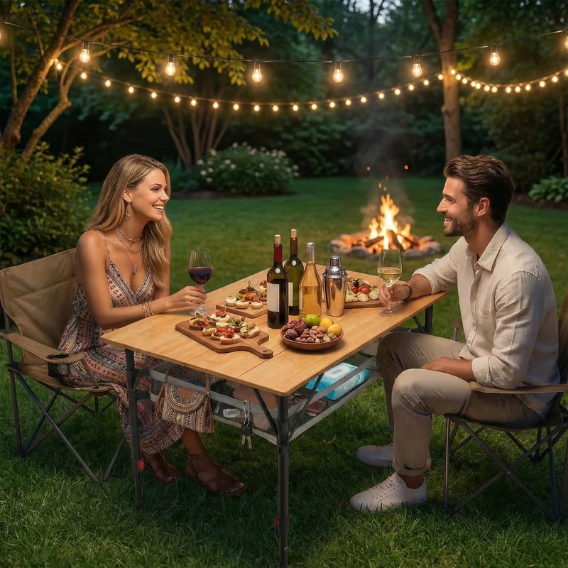 Campingtisch klappbar mit Bambus-Tischplatte – höhenverstellbarer Outdoor-Tisch mit verstellbaren Beinen und Aufbewahrungsnetz, 100 x 65 cm
