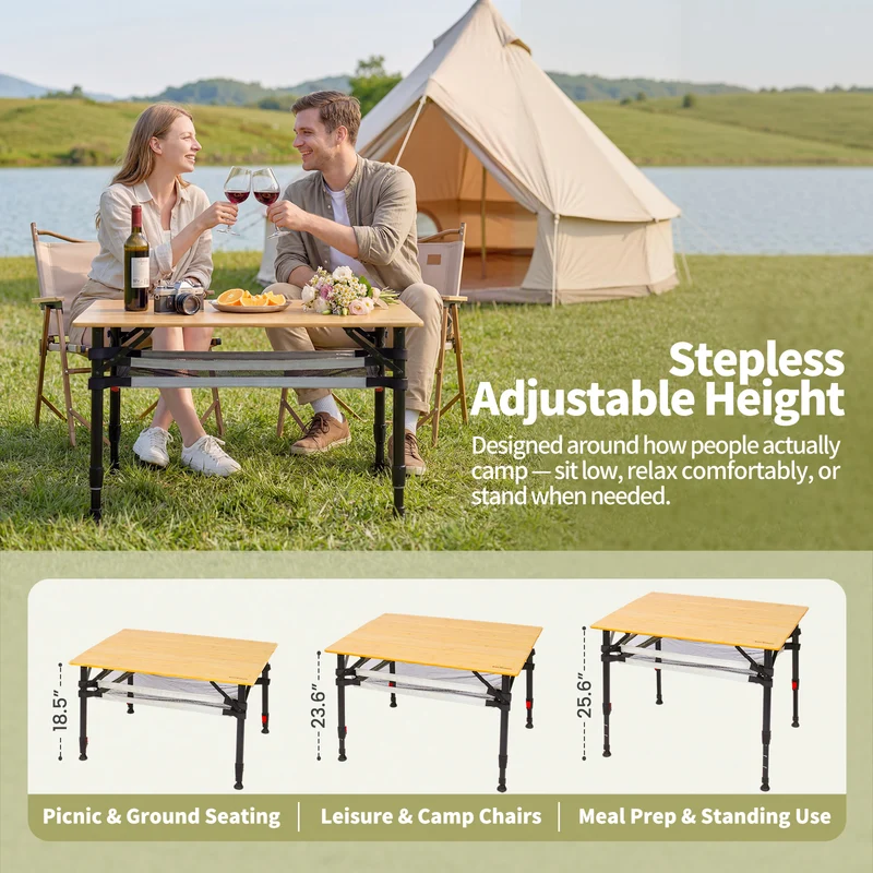 Campingtisch klappbar mit Bambus-Tischplatte – höhenverstellbarer Outdoor-Tisch mit verstellbaren Beinen und Aufbewahrungsnetz, 100 x 65 cm