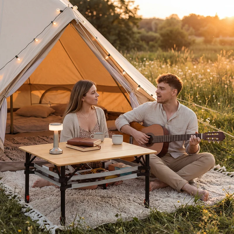 Campingtisch klappbar mit Bambus-Tischplatte – höhenverstellbarer Outdoor-Tisch mit verstellbaren Beinen und Aufbewahrungsnetz, 80 x 65 cm