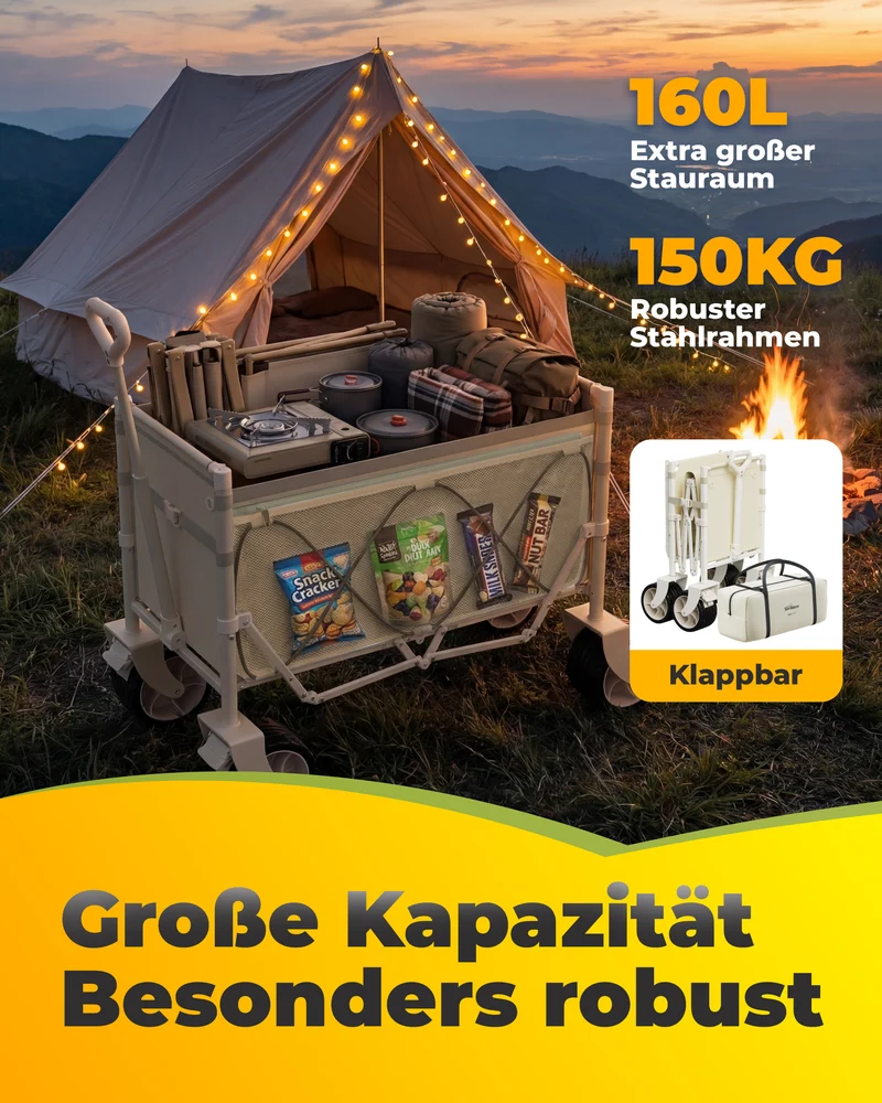 Klappbarer Bollerwagen mit Dach und Tischfunktion – faltbarer Transportwagen für Camping, Strand und Garten