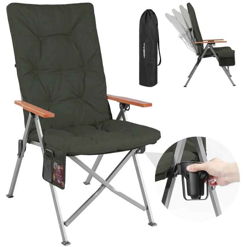 Campingstuhl klappbar mit Holzarmlehnen extra hoch – gepolsterter Outdoor-Klappstuhl, 4-fach verstellbar, bis 150 kg belastbar, Dunkelgrau