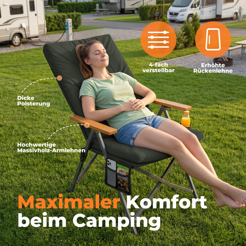 Campingstuhl klappbar mit Holzarmlehnen extra hoch – gepolsterter Outdoor-Klappstuhl, 4-fach verstellbar, bis 150 kg belastbar, Dunkelgrau