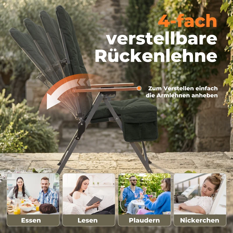 Campingstuhl klappbar mit Holzarmlehnen extra hoch – gepolsterter Outdoor-Klappstuhl, 4-fach verstellbar, bis 150 kg belastbar, Dunkelgrau
