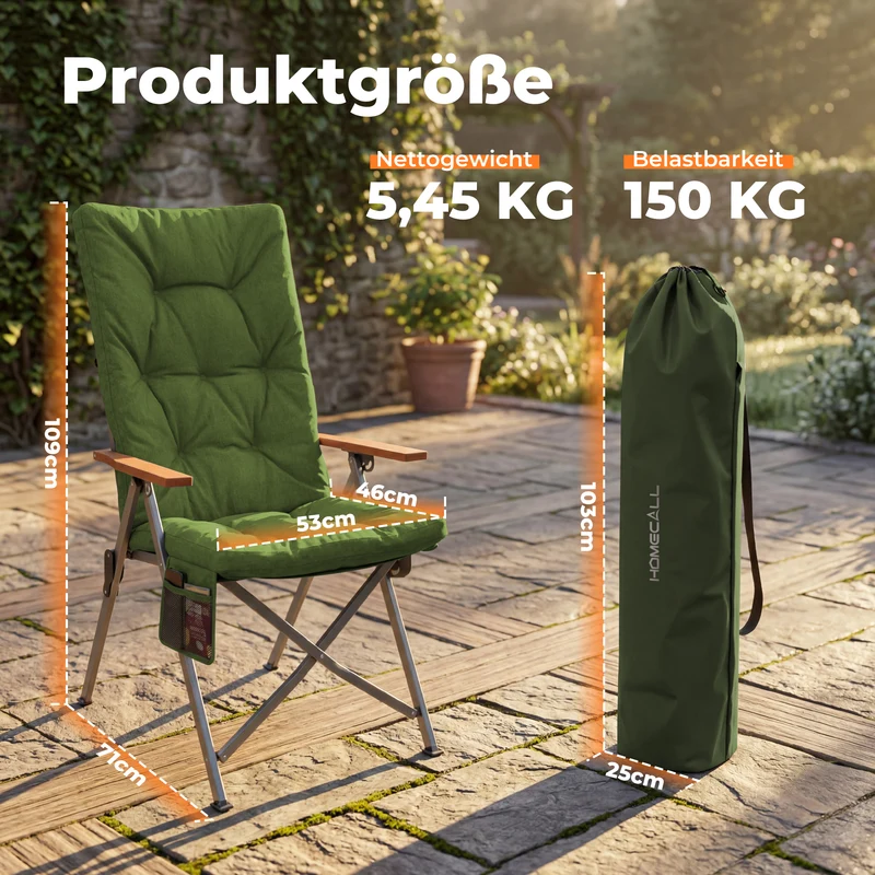 Campingstuhl klappbar mit Holzarmlehnen Extra hoch – gepolsterter Outdoor-Klappstuhl, 4-fach verstellbar, bis 150 kg belastbar, Grün
