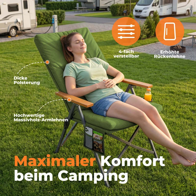 Campingstuhl klappbar mit Holzarmlehnen Extra hoch – gepolsterter Outdoor-Klappstuhl, 4-fach verstellbar, bis 150 kg belastbar, Grün