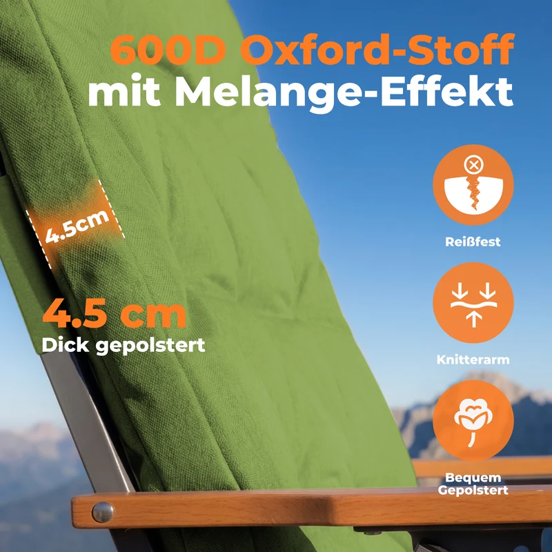Campingstuhl klappbar mit Holzarmlehnen Extra hoch – gepolsterter Outdoor-Klappstuhl, 4-fach verstellbar, bis 150 kg belastbar, Grün