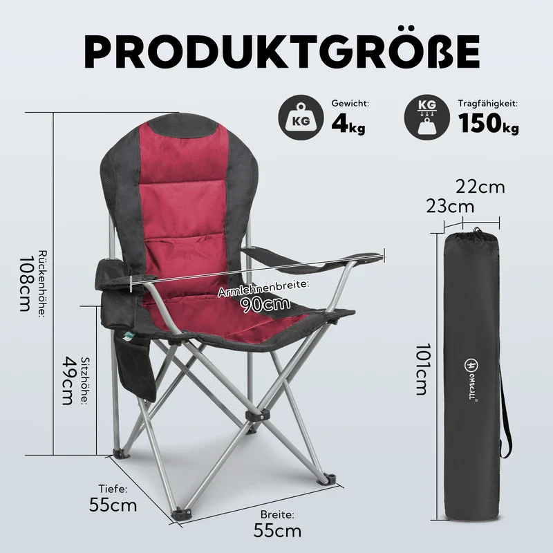 Campingstuhl klappbar Hochlehner – Stabiler Outdoor Klappstuhl für Camping, Garten und Balkon rot/schwarz