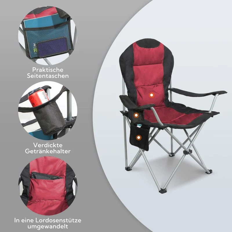 Campingstuhl klappbar Hochlehner – Stabiler Outdoor Klappstuhl für Camping, Garten und Balkon rot/schwarz