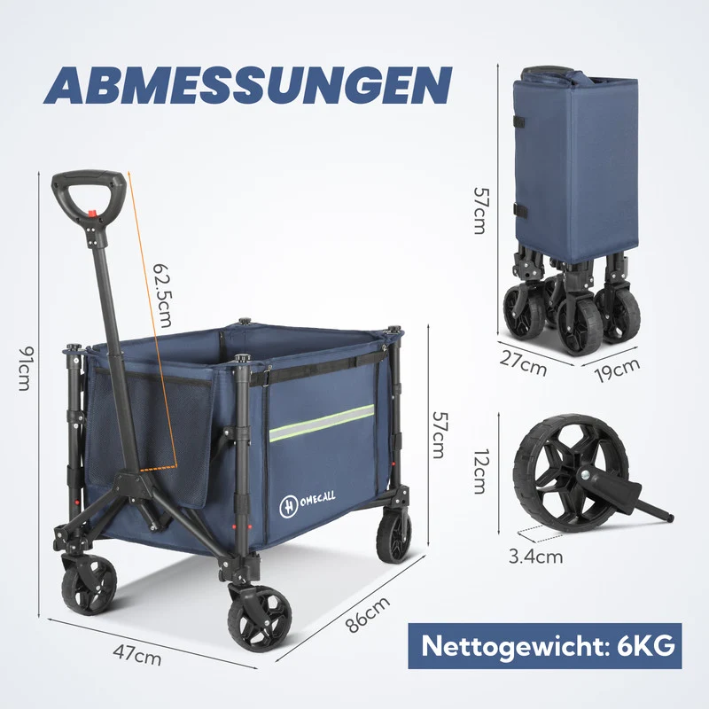 Faltbarer Bollerwagen – Handwagen mit klappbaren Seitenwänden bis 100 kg belastbar blau
