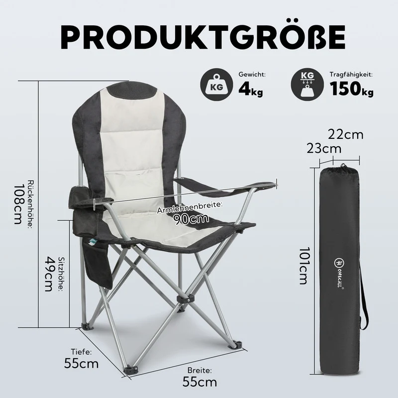 Campingstuhl Hochlehner klappbar – Gepolsterter Gartenstuhl mit Armlehnen & Getränkehalter bis 150 kg belastbar - creme/schwarz