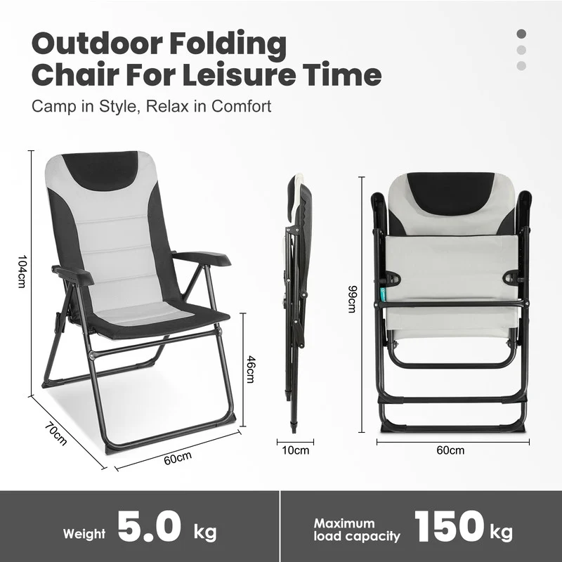 Campingstuhl Hochlehner klappbar – Gepolsterter Gartenstuhl mit 5-fach verstellbarer Rückenlehne bis 150 kg belastbar - creme-schwarz