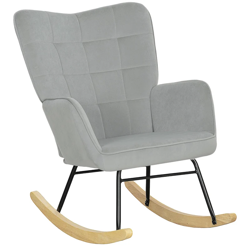 HOMCOM Schaukelstuhl, Schaukelsessel mit Samtoptik, Armlehne, Gepolsterter Sessel mit Holzkufen, Relaxsessel für Wohnzimmer, Schlafzimmer, bis 120kg belastbar, Hellgrau