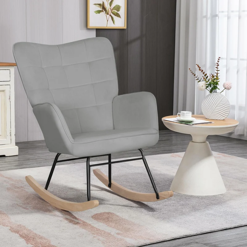 HOMCOM Schaukelstuhl, Schaukelsessel mit Samtoptik, Armlehne, Gepolsterter Sessel mit Holzkufen, Relaxsessel für Wohnzimmer, Schlafzimmer, bis 120kg belastbar, Hellgrau