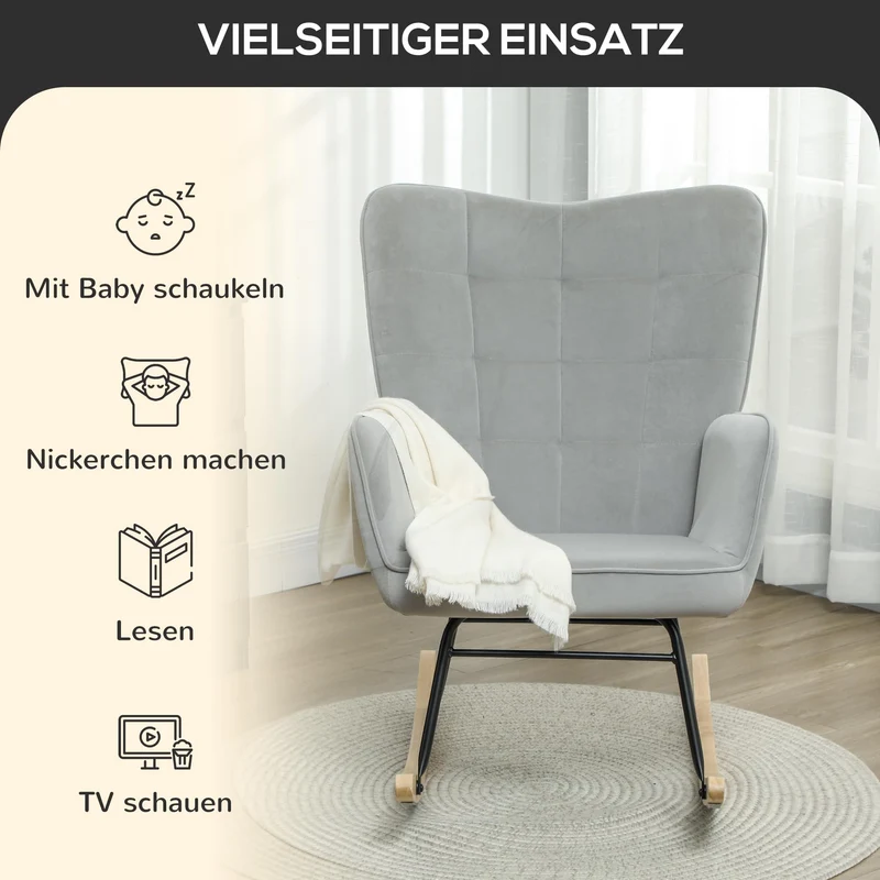 HOMCOM Schaukelstuhl, Schaukelsessel mit Samtoptik, Armlehne, Gepolsterter Sessel mit Holzkufen, Relaxsessel für Wohnzimmer, Schlafzimmer, bis 120kg belastbar, Hellgrau