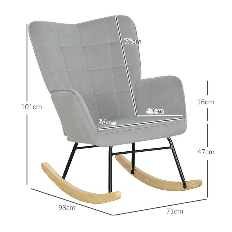 HOMCOM Schaukelstuhl, Schaukelsessel mit Samtoptik, Armlehne, Gepolsterter Sessel mit Holzkufen, Relaxsessel für Wohnzimmer, Schlafzimmer, bis 120kg belastbar, Hellgrau