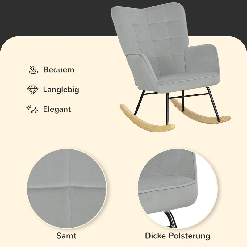 HOMCOM Schaukelstuhl, Schaukelsessel mit Samtoptik, Armlehne, Gepolsterter Sessel mit Holzkufen, Relaxsessel für Wohnzimmer, Schlafzimmer, bis 120kg belastbar, Hellgrau