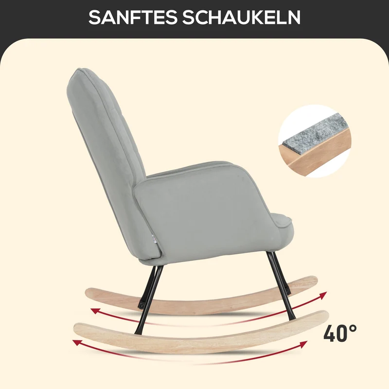 HOMCOM Schaukelstuhl, Schaukelsessel mit Samtoptik, Armlehne, Gepolsterter Sessel mit Holzkufen, Relaxsessel für Wohnzimmer, Schlafzimmer, bis 120kg belastbar, Hellgrau