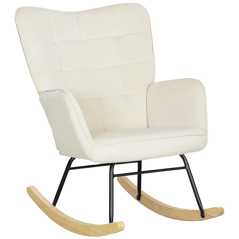 HOMCOM Schaukelstuhl, Schaukelsessel mit Samtoptik, Armlehne, Gepolsterter Sessel mit Holzkufen, Relaxsessel für Wohnzimmer, Schlafzimmer, bis 120kg belastbar, Beige