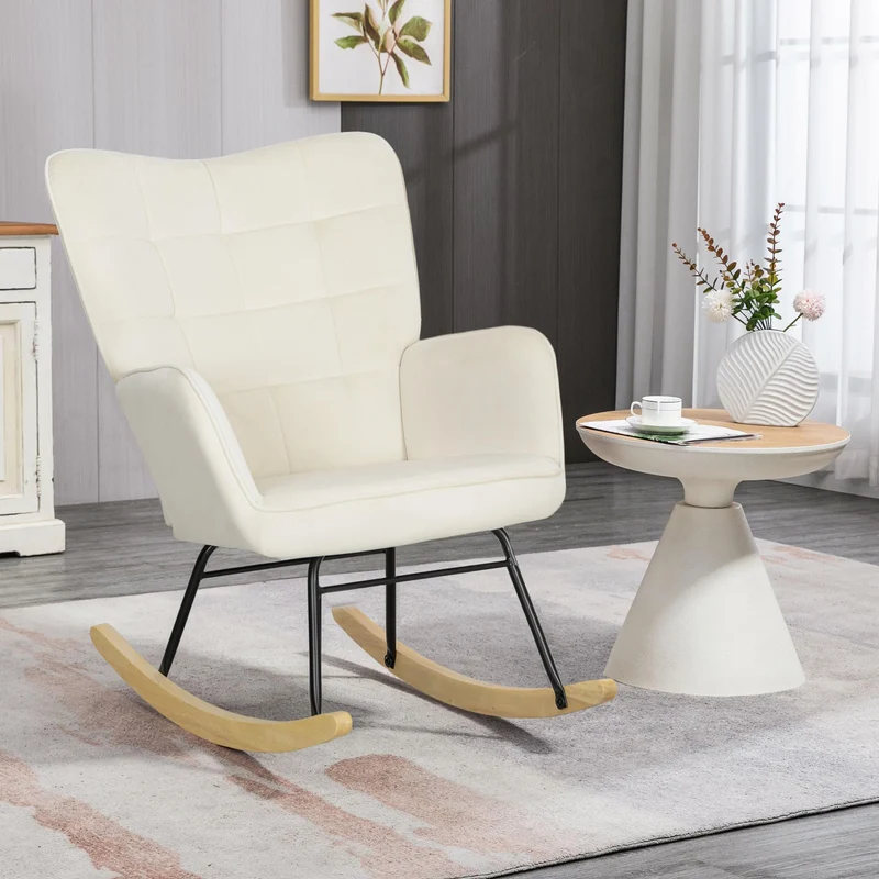 HOMCOM Schaukelstuhl, Schaukelsessel mit Samtoptik, Armlehne, Gepolsterter Sessel mit Holzkufen, Relaxsessel für Wohnzimmer, Schlafzimmer, bis 120kg belastbar, Beige