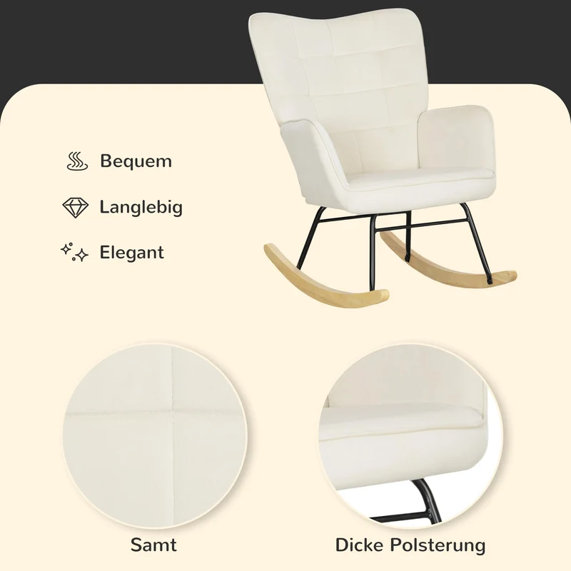 HOMCOM Schaukelstuhl, Schaukelsessel mit Samtoptik, Armlehne, Gepolsterter Sessel mit Holzkufen, Relaxsessel für Wohnzimmer, Schlafzimmer, bis 120kg belastbar, Beige
