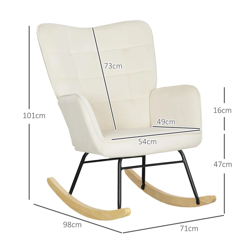 HOMCOM Schaukelstuhl, Schaukelsessel mit Samtoptik, Armlehne, Gepolsterter Sessel mit Holzkufen, Relaxsessel für Wohnzimmer, Schlafzimmer, bis 120kg belastbar, Beige