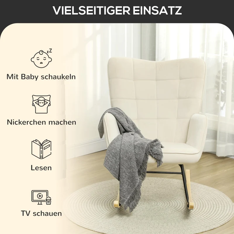 HOMCOM Schaukelstuhl, Schaukelsessel mit Samtoptik, Armlehne, Gepolsterter Sessel mit Holzkufen, Relaxsessel für Wohnzimmer, Schlafzimmer, bis 120kg belastbar, Beige