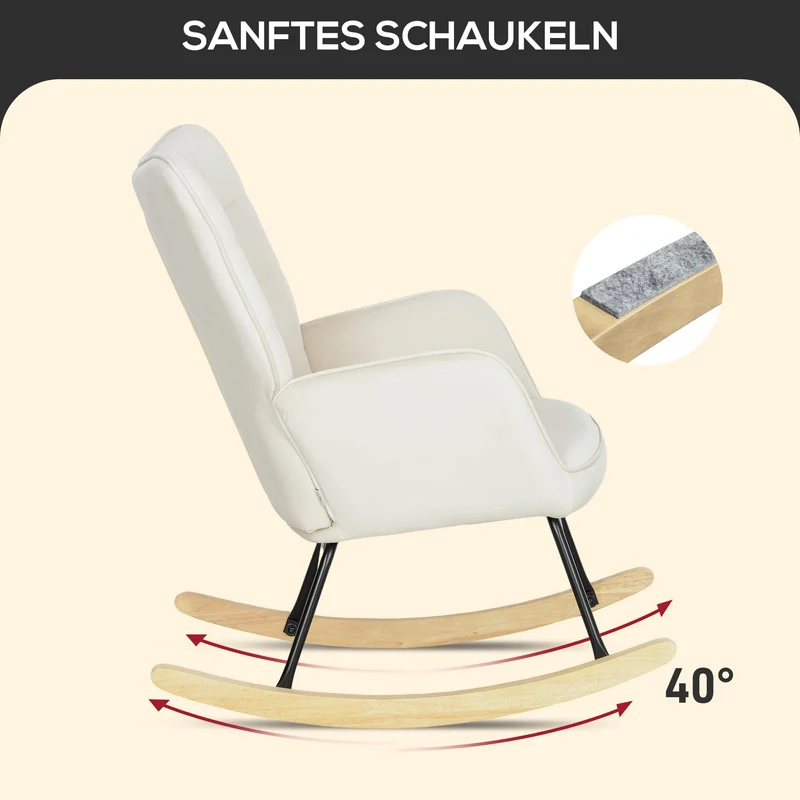 HOMCOM Schaukelstuhl, Schaukelsessel mit Samtoptik, Armlehne, Gepolsterter Sessel mit Holzkufen, Relaxsessel für Wohnzimmer, Schlafzimmer, bis 120kg belastbar, Beige