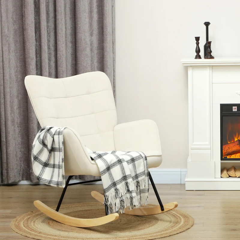 HOMCOM Schaukelstuhl, Schaukelsessel mit Samtoptik, Armlehne, Gepolsterter Sessel mit Holzkufen, Relaxsessel für Wohnzimmer, Schlafzimmer, bis 120kg belastbar, Beige