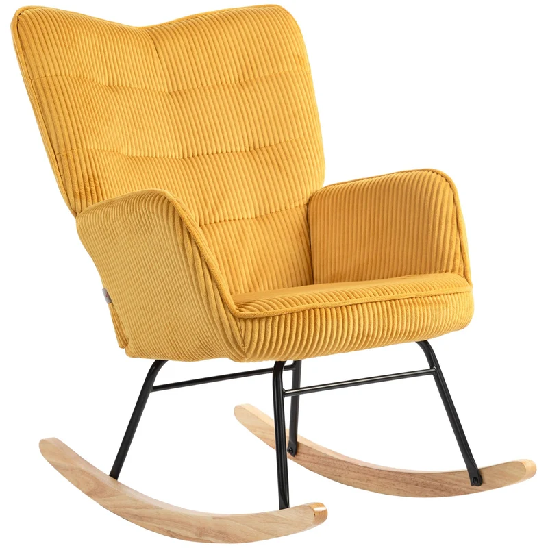 HOMCOM Schaukelstuhl, Schaukelsessel mit Kordoptik, Armlehne, Gepolsterter Sessel mit Holzkufen, Relaxsessel für Wohnzimmer, Schlafzimmer, bis 120kg belastbar, Gelb