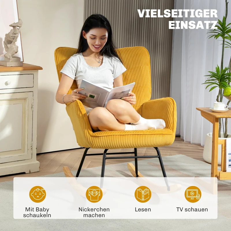 HOMCOM Schaukelstuhl, Schaukelsessel mit Kordoptik, Armlehne, Gepolsterter Sessel mit Holzkufen, Relaxsessel für Wohnzimmer, Schlafzimmer, bis 120kg belastbar, Gelb
