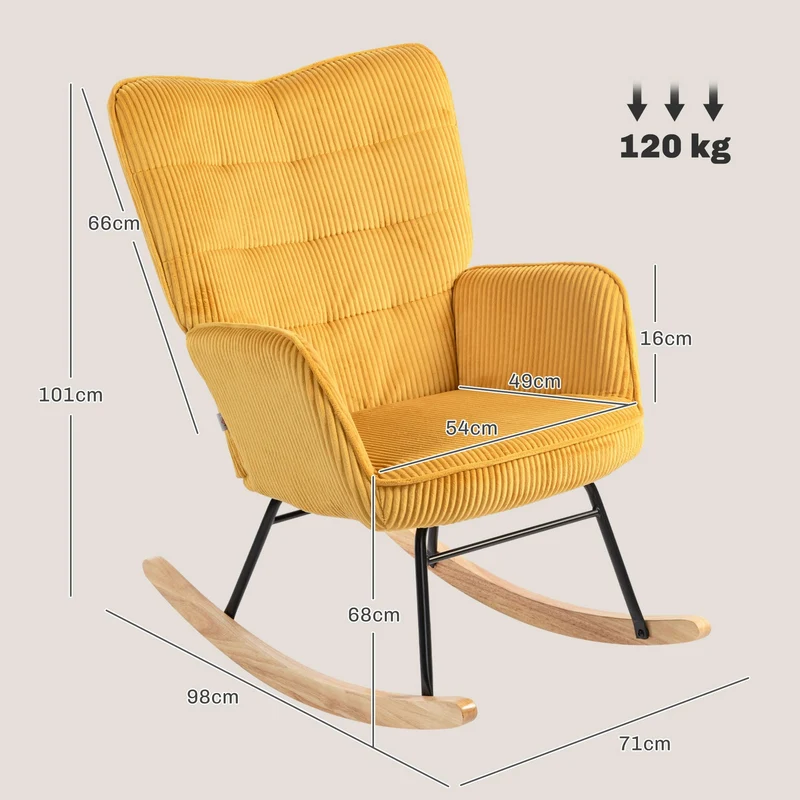 HOMCOM Schaukelstuhl, Schaukelsessel mit Kordoptik, Armlehne, Gepolsterter Sessel mit Holzkufen, Relaxsessel für Wohnzimmer, Schlafzimmer, bis 120kg belastbar, Gelb