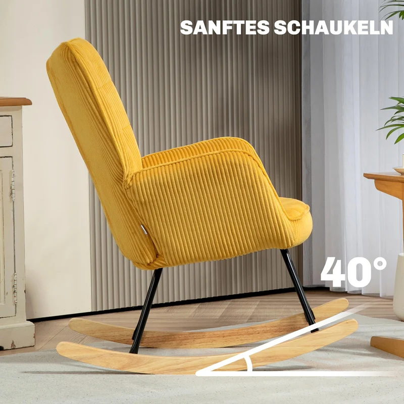 HOMCOM Schaukelstuhl, Schaukelsessel mit Kordoptik, Armlehne, Gepolsterter Sessel mit Holzkufen, Relaxsessel für Wohnzimmer, Schlafzimmer, bis 120kg belastbar, Gelb