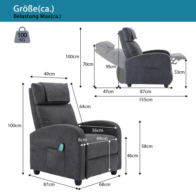 HOMOPIV Relaxsessel, Fernsehsessel mit Liegefunktion Massagefunktion Wärmefunktion, Massagesessel mit Fernbedienung, Ruhesessel Stoff, Liegesessel grau
