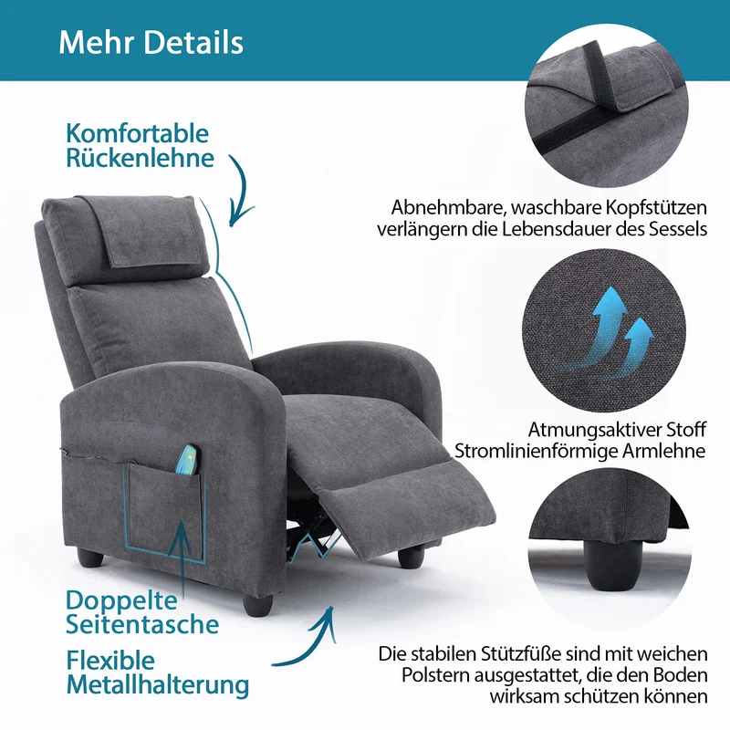 HOMOPIV Relaxsessel, Fernsehsessel mit Liegefunktion Massagefunktion Wärmefunktion, Massagesessel mit Fernbedienung, Ruhesessel Stoff, Liegesessel grau