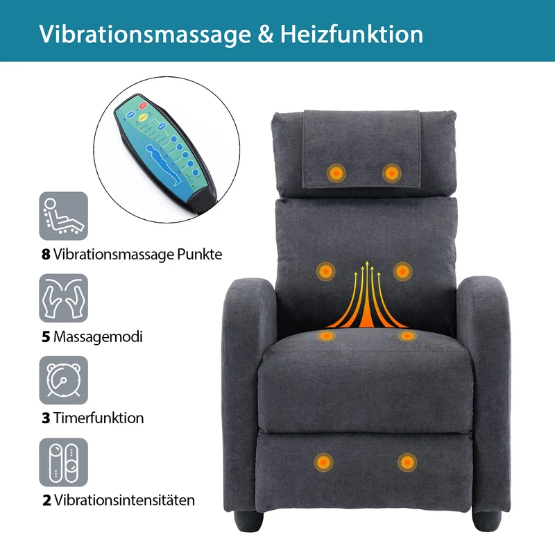 HOMOPIV Relaxsessel, Fernsehsessel mit Liegefunktion Massagefunktion Wärmefunktion, Massagesessel mit Fernbedienung, Ruhesessel Stoff, Liegesessel grau
