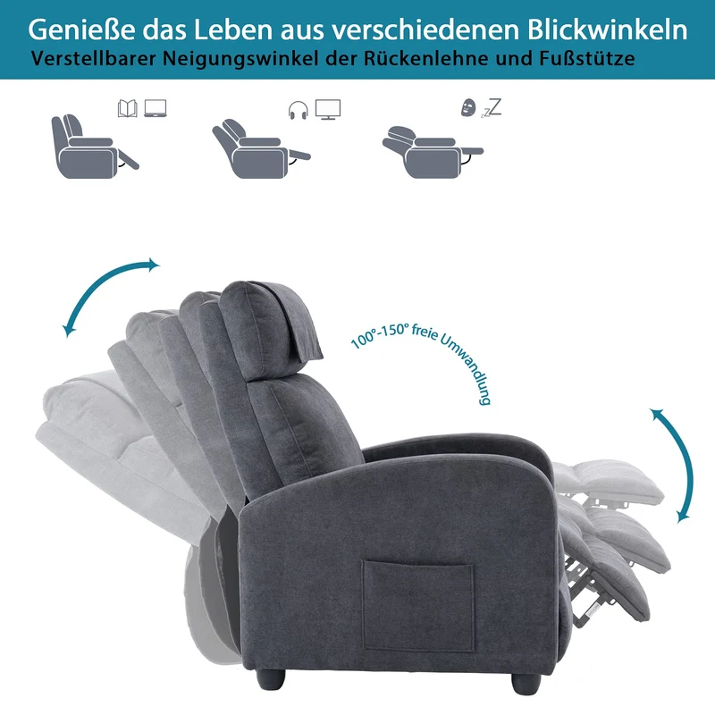 HOMOPIV Relaxsessel, Fernsehsessel mit Liegefunktion Massagefunktion Wärmefunktion, Massagesessel mit Fernbedienung, Ruhesessel Stoff, Liegesessel grau