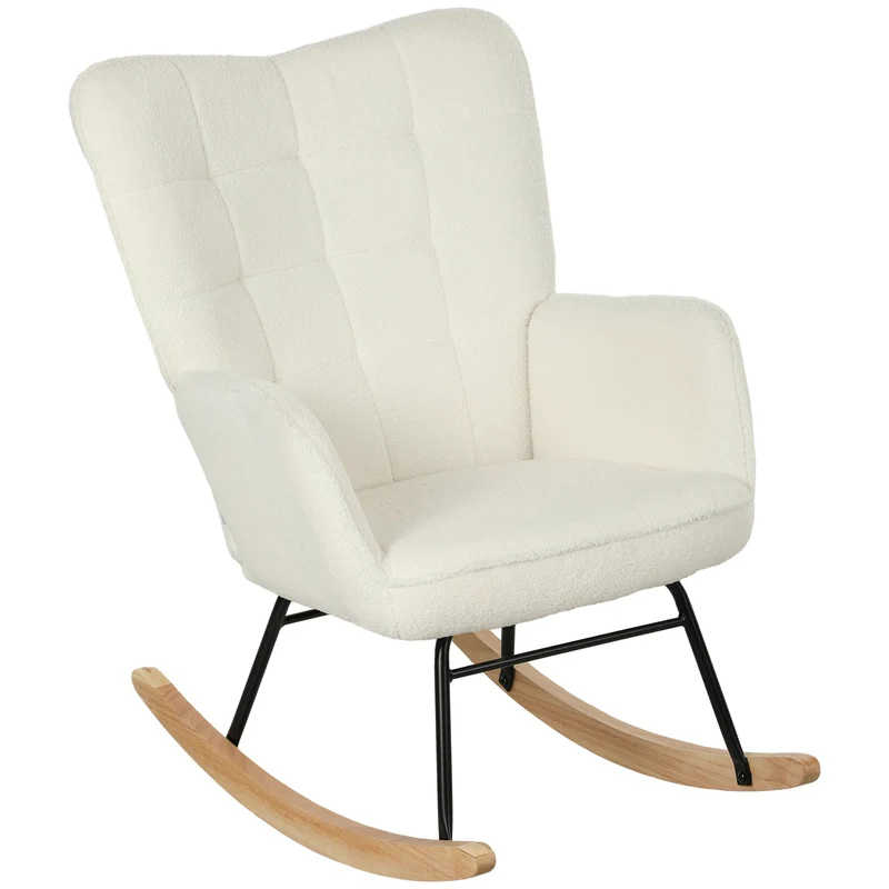 HOMCOM Schaukelstuhl, Schaukelsessel mit Berbervliesoptik, Armlehne, Gepolsterter Sessel mit Holzkufen, Relaxsessel für Wohnzimmer, Schlafzimmer, bis 120kg belastbar, Weiß