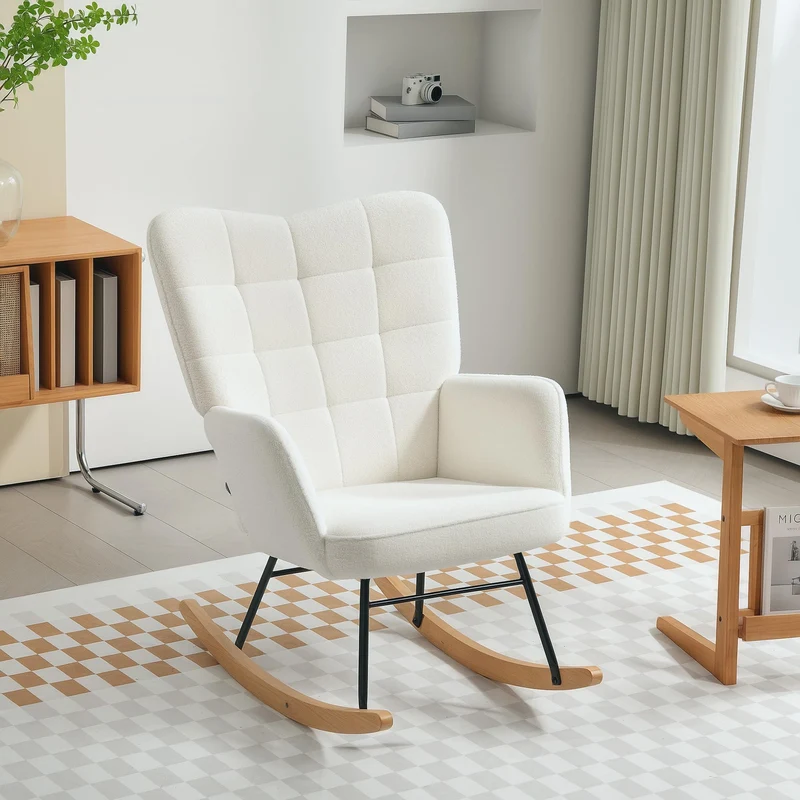 HOMCOM Schaukelstuhl, Schaukelsessel mit Berbervliesoptik, Armlehne, Gepolsterter Sessel mit Holzkufen, Relaxsessel für Wohnzimmer, Schlafzimmer, bis 120kg belastbar, Weiß
