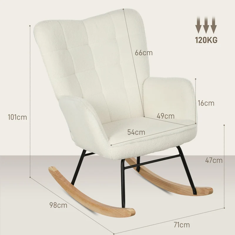 HOMCOM Schaukelstuhl, Schaukelsessel mit Berbervliesoptik, Armlehne, Gepolsterter Sessel mit Holzkufen, Relaxsessel für Wohnzimmer, Schlafzimmer, bis 120kg belastbar, Weiß