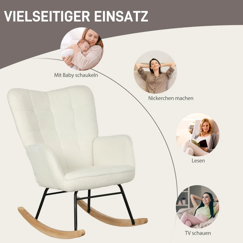 HOMCOM Schaukelstuhl, Schaukelsessel mit Berbervliesoptik, Armlehne, Gepolsterter Sessel mit Holzkufen, Relaxsessel für Wohnzimmer, Schlafzimmer, bis 120kg belastbar, Weiß