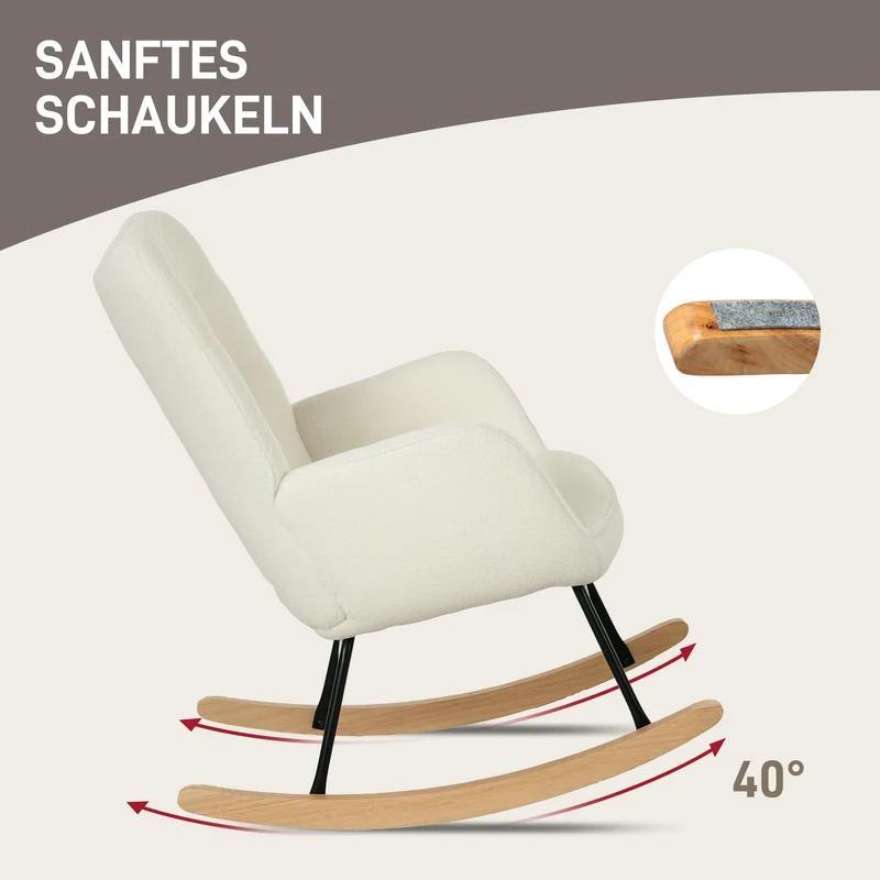 HOMCOM Schaukelstuhl, Schaukelsessel mit Berbervliesoptik, Armlehne, Gepolsterter Sessel mit Holzkufen, Relaxsessel für Wohnzimmer, Schlafzimmer, bis 120kg belastbar, Weiß