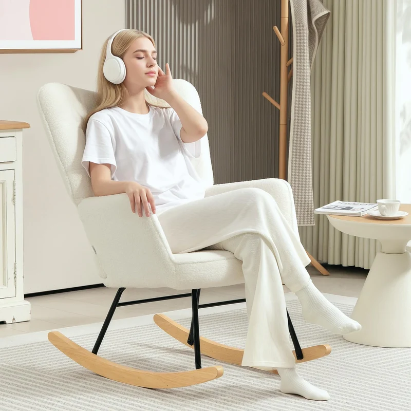 HOMCOM Schaukelstuhl, Schaukelsessel mit Berbervliesoptik, Armlehne, Gepolsterter Sessel mit Holzkufen, Relaxsessel für Wohnzimmer, Schlafzimmer, bis 120kg belastbar, Weiß