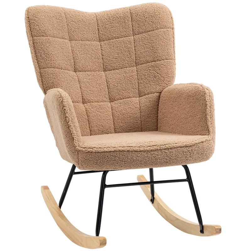 HOMCOM Schaukelstuhl, Schaukelsessel mit Berbervliesoptik, Armlehne, Gepolsterter Sessel mit Holzkufen, Relaxsessel für Wohnzimmer, Schlafzimmer, bis 120kg belastbar, Braun