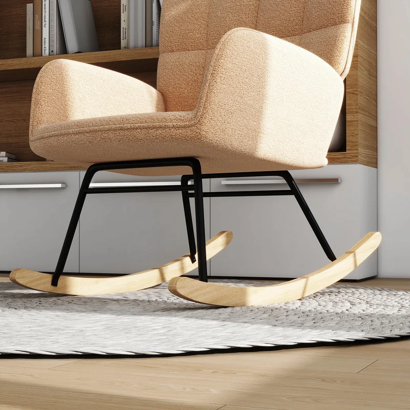 HOMCOM Schaukelstuhl, Schaukelsessel mit Berbervliesoptik, Armlehne, Gepolsterter Sessel mit Holzkufen, Relaxsessel für Wohnzimmer, Schlafzimmer, bis 120kg belastbar, Braun