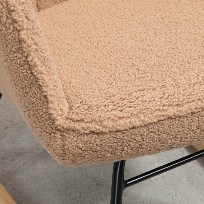 HOMCOM Schaukelstuhl, Schaukelsessel mit Berbervliesoptik, Armlehne, Gepolsterter Sessel mit Holzkufen, Relaxsessel für Wohnzimmer, Schlafzimmer, bis 120kg belastbar, Braun