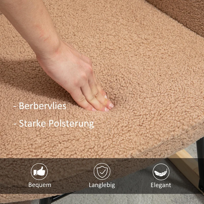 HOMCOM Schaukelstuhl, Schaukelsessel mit Berbervliesoptik, Armlehne, Gepolsterter Sessel mit Holzkufen, Relaxsessel für Wohnzimmer, Schlafzimmer, bis 120kg belastbar, Braun