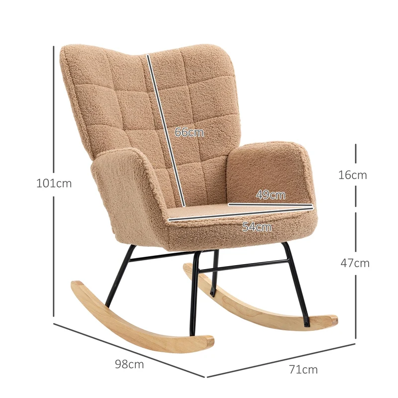 HOMCOM Schaukelstuhl, Schaukelsessel mit Berbervliesoptik, Armlehne, Gepolsterter Sessel mit Holzkufen, Relaxsessel für Wohnzimmer, Schlafzimmer, bis 120kg belastbar, Braun